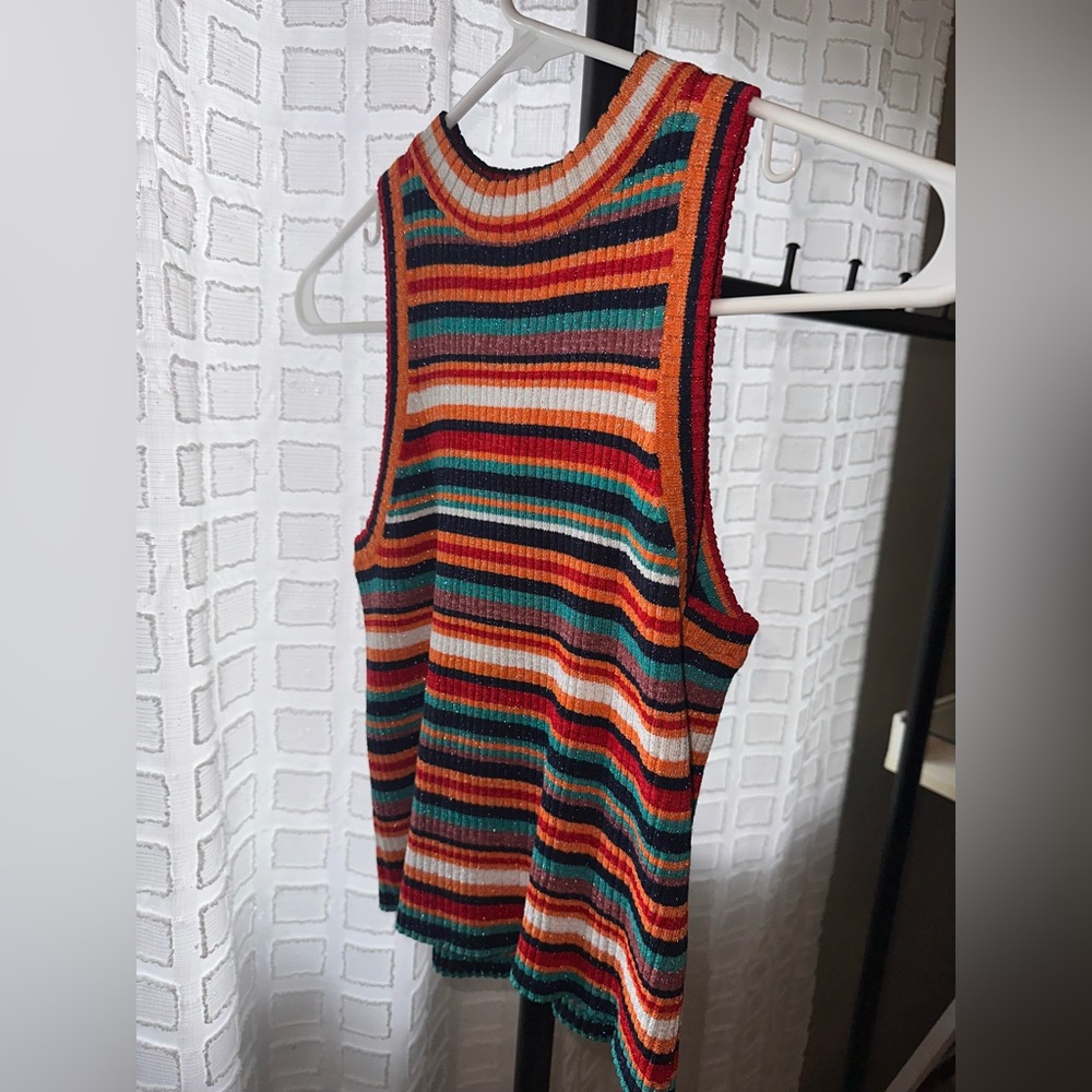 Zara Knit Multicolor Striped Crewneck — Navy, Red, Teal, Orange, Pink